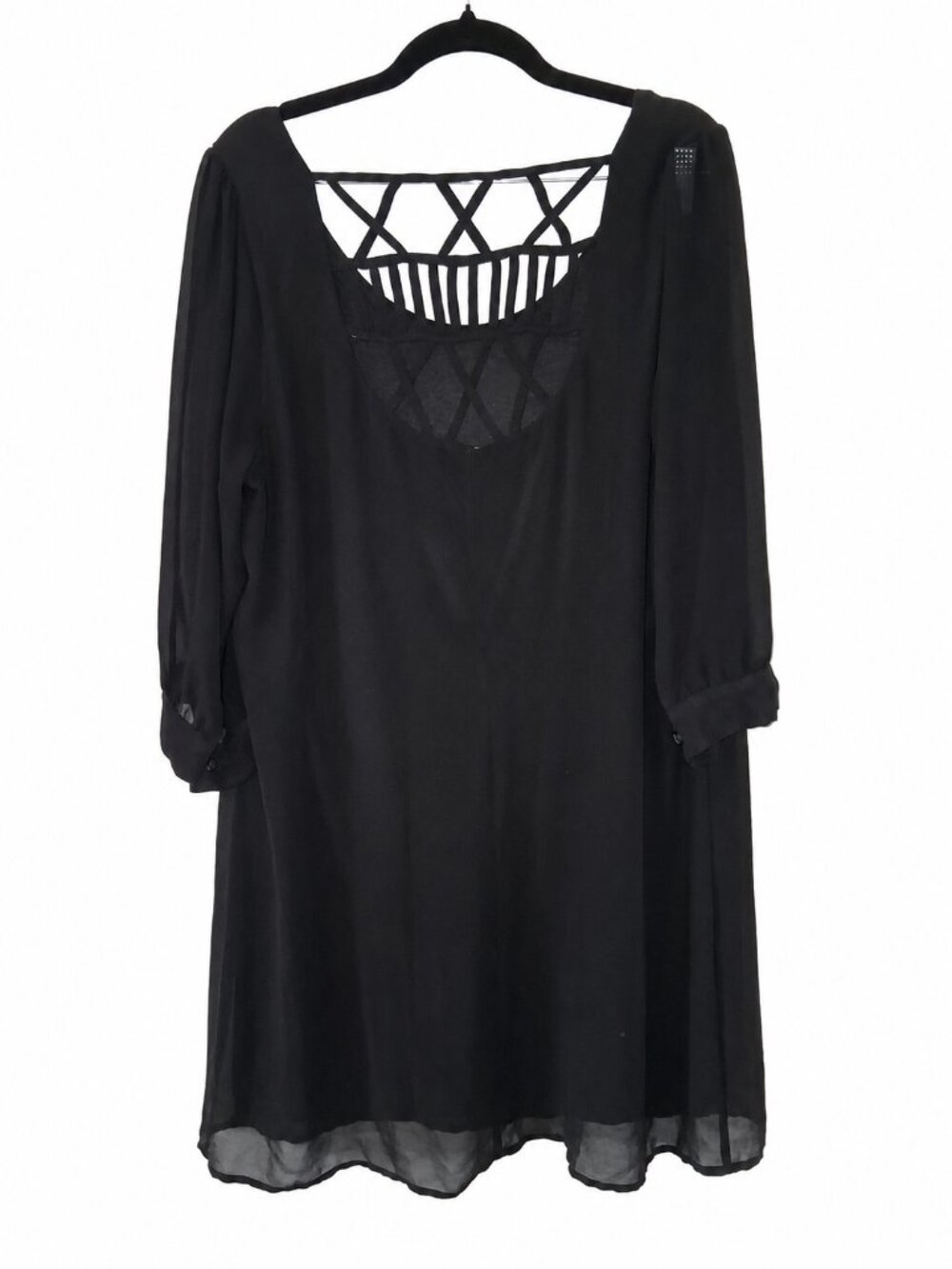 HeartSoul Plus Black Chiffon Tunic Blouse 1X Lattice Back 3/4 Sleeve Sheer Hem